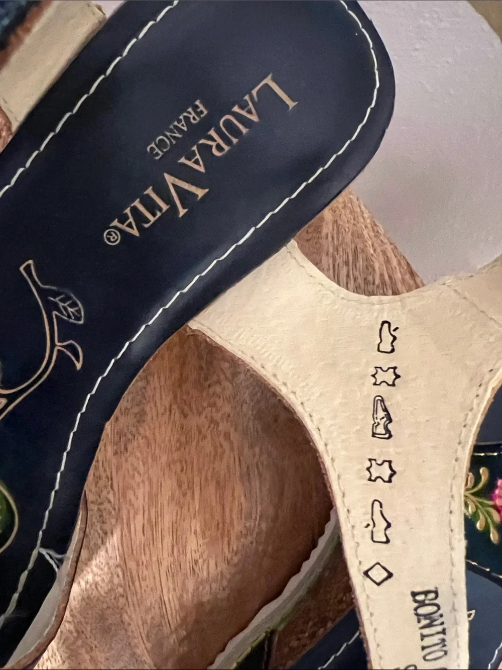 Laura Vita Avita Navy Floral Wedge Sandals with Pink Flower Accent. France